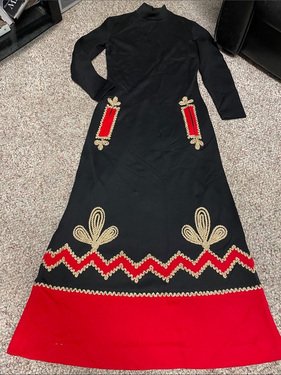 Vintage Dresses & Skirts - Vintage 60s/70s Black/Red/gold ribbon Maxi gown Dress - Women's Long Sleeve